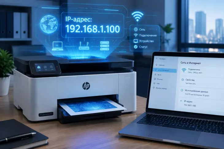 Современный принтер HP с голограммой IP-адреса 192.168.1.100 и ноутбуком, на котором открыты сетевые настройки
