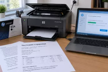 Компактный лазерный принтер HP LaserJet P1102 с открытой крышкой и картриджем подключен по USB к ноутбуку с установкой драйвера