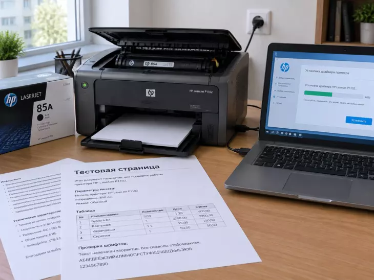 Компактный лазерный принтер HP LaserJet P1102 с открытой крышкой и картриджем подключен по USB к ноутбуку с установкой драйвера