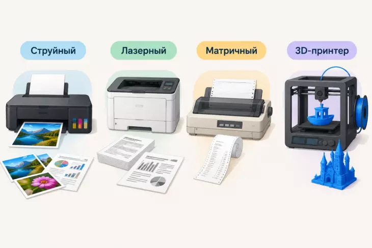 Сравнение четырёх типов принтеров с примерами печати: струйный, лазерный, матричный и 3D-принтер.