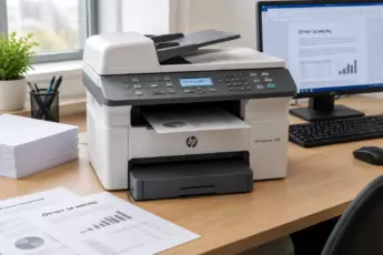 МФУ HP LaserJet 3055 с надписью «Готов к работе» на дисплее в окружении документов