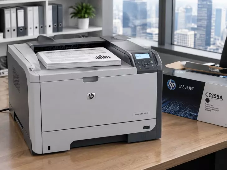 Монохромный лазерный принтер HP LaserJet P3015 с распечатанными документами и картриджем CE255A на офисном столе