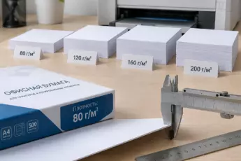 Сравнение стопок офисной бумаги плотностью 80, 120, 160 и 200 г/м² рядом с принтером и штангенциркулем