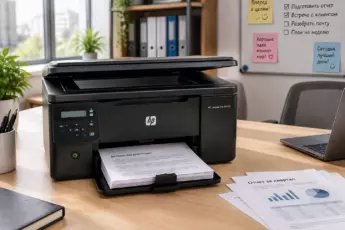 Монохромный лазерный МФУ HP LaserJet Pro M1132 со стопкой распечатанных документов на светлом столе в офисе