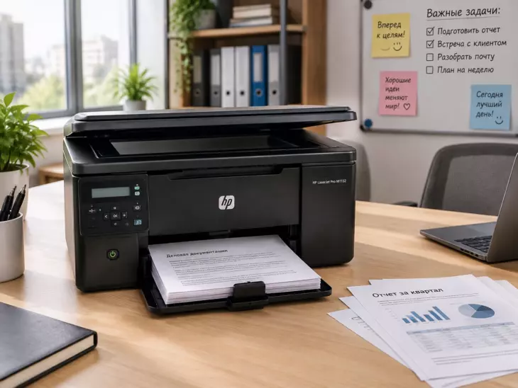 Монохромный лазерный МФУ HP LaserJet Pro M1132 со стопкой распечатанных документов на светлом столе в офисе