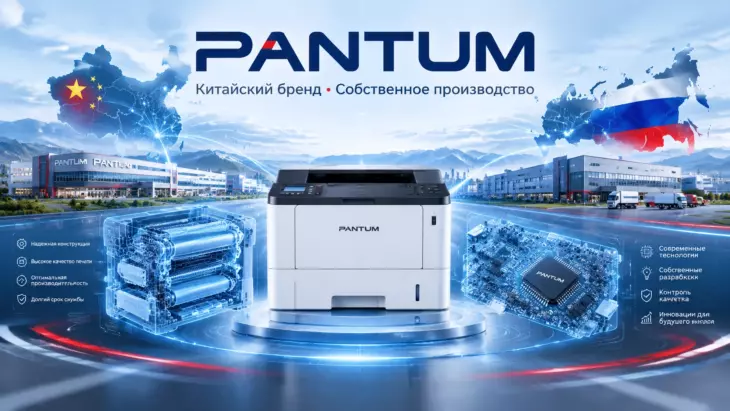 Лазерный принтер Pantum с голографическими схемами устройства на фоне карт Китая и России, соединенных логистическими линиями.