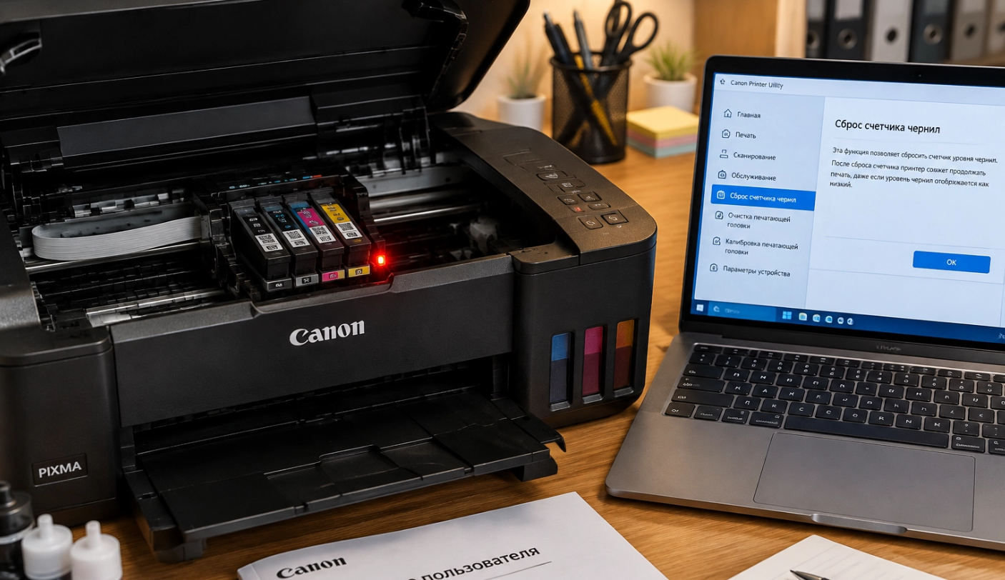 обнуление картриджа на принтере Canon Pixma после заправки